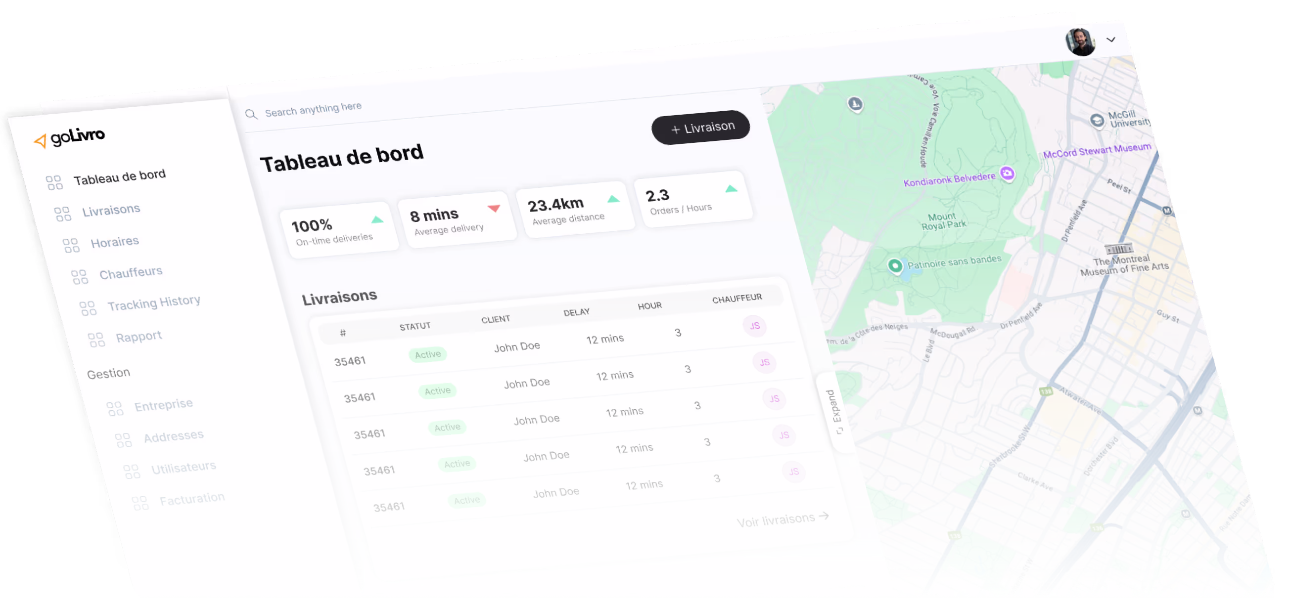 GoLivro dispatch dashboard showing delivery metrics and a live route map